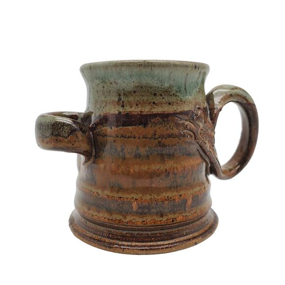 Small Pottery Espresso Cup Kline Tea Mug Spoon Holder Green Brown Studio Rustic - Picture 6 of 9